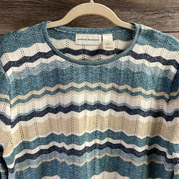 ALFRED DUNNER Womens Striped Pullover Open Knit Sweater Size Large Teal - Picture 4 of 5